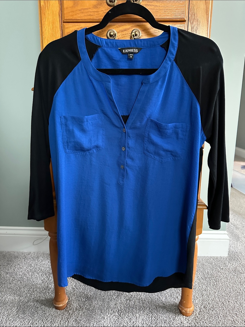 Express Royal Blue and Black Raglan Henley Blouse